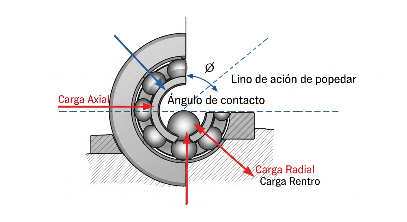 rodamientos axiales de bolas de contacto angular Diagrama de los rodamientos axiales de bolas de contacto angular que muestra cómo soporta cargas combinadas. Se ve un corte transversal con el anillo interior, el anillo exterior y una bola. Una línea de acción de la carga inclinada ilustra el ángulo de contacto, permitiendo que el rodamiento maneje tanto la carga axial como la radial, indicadas con flechas.La geometría interna de un rodamiento de contacto angular. El desplazamiento de las pistas de rodadura crea un 'ángulo de contacto' que permite transmitir simultáneamente una carga axial y una carga radial a través de las bolas.